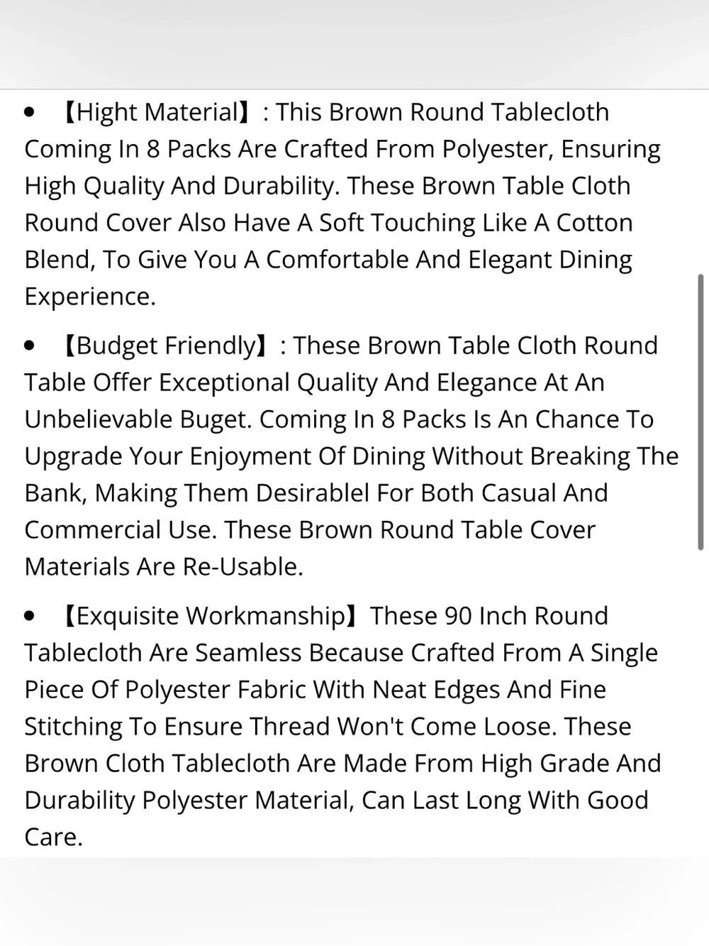 90” Round Polyester Tablecloths BROWN (8-pack)